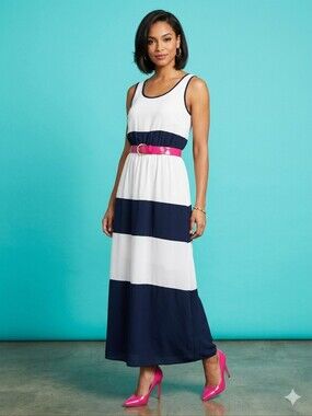 Navy and White Striped Maxi Dress with Pink Accent